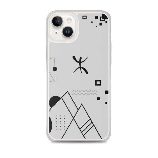 Coque iPhone transparente avec symbole Yaz berbère et motifs géométriques gris.