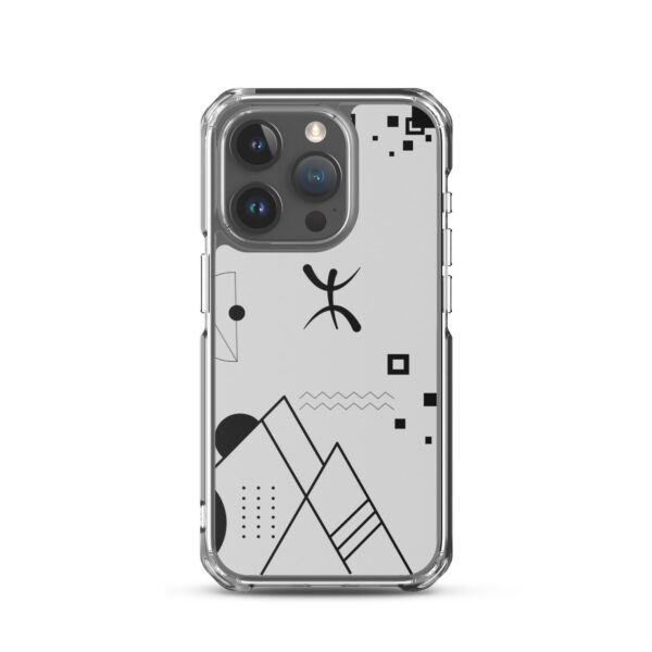 Coque iPhone transparente avec motif géométrique noir et symbole berbère Yaz, culture amazighe.