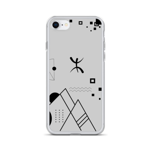 Coque iPhone grise avec motif géométrique et symbole berbère Yaz (ⵣ) noir.