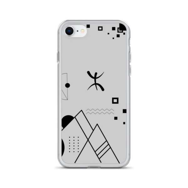 Coque iPhone transparente avec le symbole amazigh Tifinagh Yaz noir et motifs géométriques.