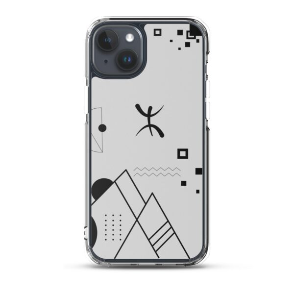 Coque iPhone transparente avec symbole Yaz berbère ⵣ et design géométrique noir.