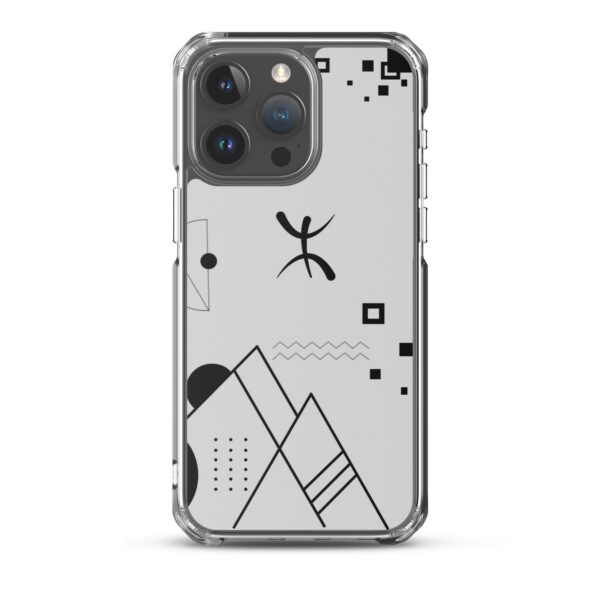 Coque iPhone transparente avec le symbole berbère Yaz noir et motifs géométriques.