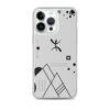 Coque iPhone transparente avec motif géométrique abstrait noir et symbole berbère Yaz (ⵣ) central.