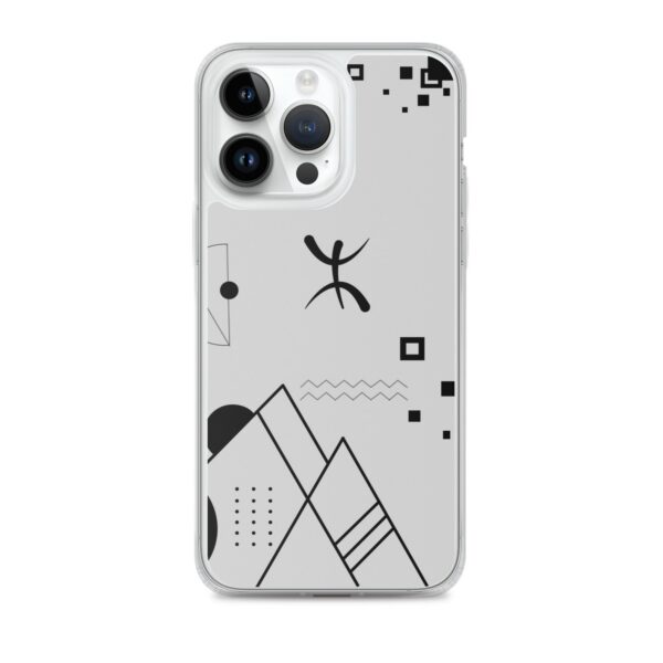 Coque iPhone transparente avec motif géométrique abstrait noir et symbole berbère Yaz (ⵣ) central.