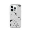Coque iPhone transparente avec le symbole amazigh Yaz ⵣ et motifs berbères géométriques noirs.