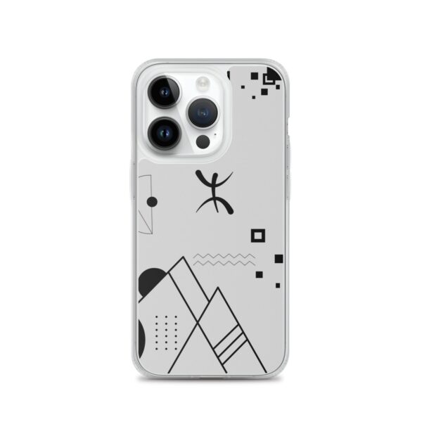 Coque iPhone transparente avec le symbole amazigh Yaz ⵣ et motifs berbères géométriques noirs.