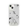 Coque transparente iPhone avec motif géométrique noir et gris incluant le symbole berbère Yaz.