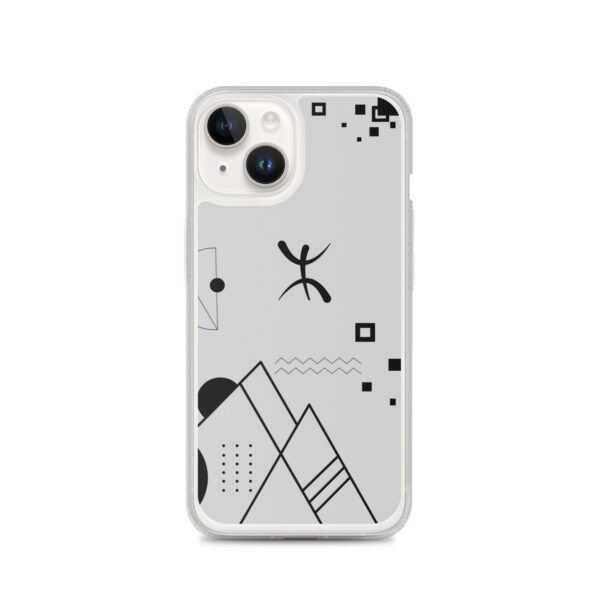 Coque transparente iPhone avec motif géométrique noir et gris incluant le symbole berbère Yaz.