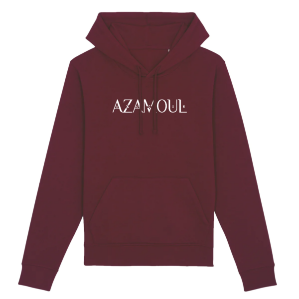 Sweat à capuche bordeaux pour femme Azamoul avec logo blanc, coton bio.