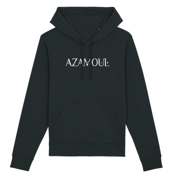 Sweat à capuche noir bio femme Azamoul avec logo blanc et symboles berbères Tifinagh.