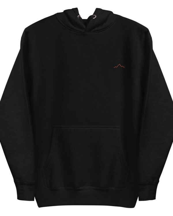 un sweat à capuche couleur noir brodé avec la montagne djurdjura style minimaliste, la montagne en kabylie en Algérie, par azamoul mode et accessoires berbères