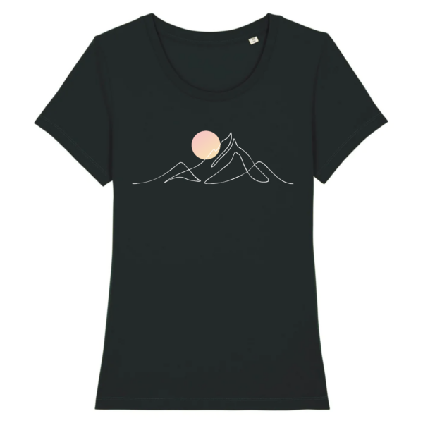 tshirt_djurdjura_montagne_de_kabylie_pour_femme_noir tshirt noir 100% coton pour femme avec djurdjura montagne de la kabylie en algérie style minimaliste et une lune qui se lève sur la montagne djurdjura