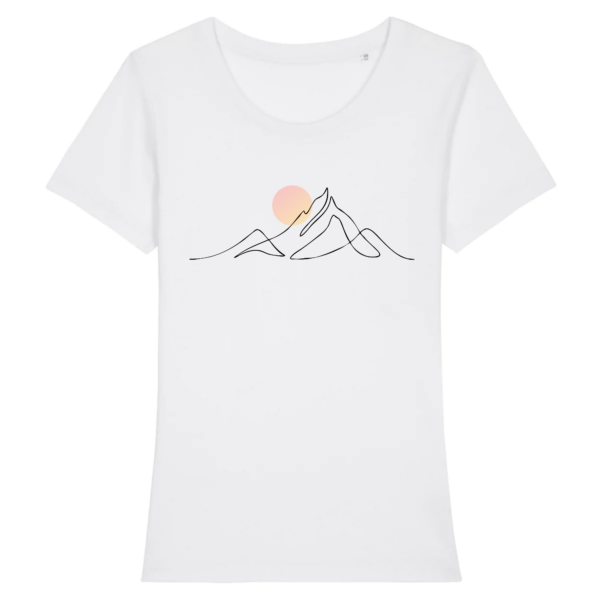 tshit-djurdjura_montagne_de_kabylie_pour_-femme-berbre-blan tshirt blanc 100% coton pour femme avec djurdjura montagne de la kabylie en algérie style minimaliste et une lune qui se lève sur la montagne djurdjura