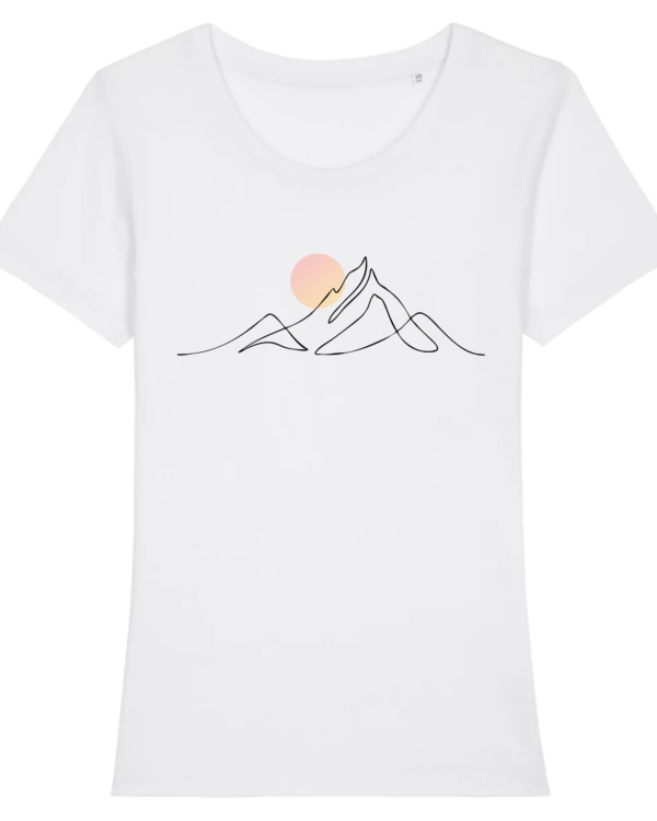 tshit-djurdjura_montagne_de_kabylie_pour_-femme-berbre-blan tshirt blanc 100% coton pour femme avec djurdjura montagne de la kabylie en algérie style minimaliste et une lune qui se lève sur la montagne djurdjura
