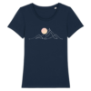tshurt_djurdjura_montagne_de_kabylie_pour_femme_bleu tshirt bleu marine 100% coton pour femme avec djurdjura montagne de la kabylie en algérie style minimaliste et une lune qui se lève sur la montagne djurdjura
