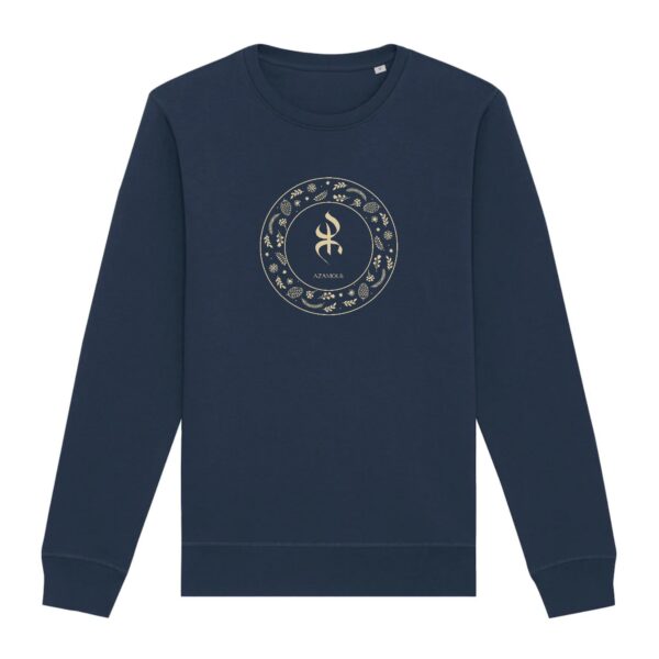 Pull avec le symbole berbère amazigh YAZ , symbole du peuple libre amazigh, par azamoul mode et accessoires berbères de couleur bleu Marine