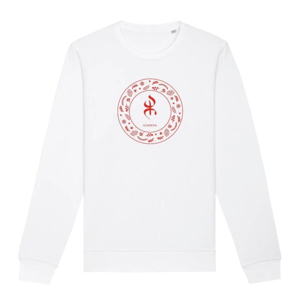 Pull avec le symbole berbère amazigh YAZ , symbole du peuple libre amazigh, par azamoul mode et accessoires berbères de couleur blanc