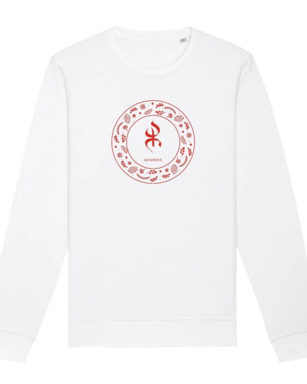 Pull avec le symbole berbère amazigh YAZ , symbole du peuple libre amazigh, par azamoul mode et accessoires berbères de couleur blanc