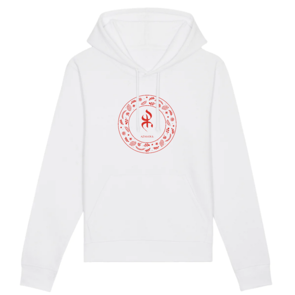 sweat_capuche_YAZ_pour_femme_symbole_de_liberte_couleur_blanc Sweat à capuche YAZ premium avec le symbole berbère amazigh YAZ , symbole du peuple libre amazigh, par azamoul mode et accessoires berbères de couleur blanc