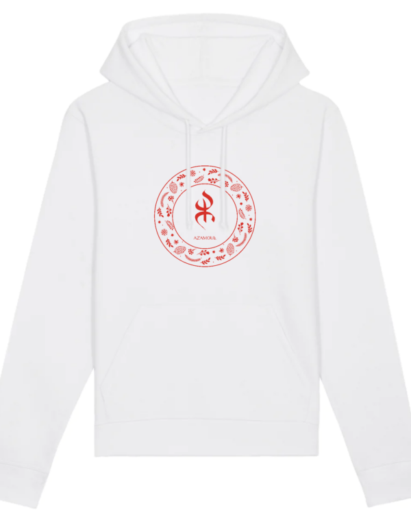sweat_capuche_YAZ_pour_femme_symbole_de_liberte_couleur_blanc Sweat à capuche YAZ premium avec le symbole berbère amazigh YAZ , symbole du peuple libre amazigh, par azamoul mode et accessoires berbères de couleur blanc