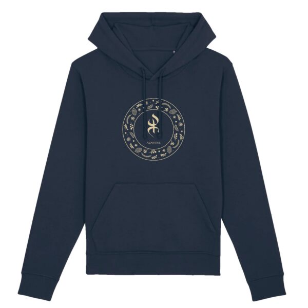sweat_capuche_YAZ_symbole_peuple_libre_amazigh_berbere_bleu sweat à capuche avec le symbole berbère amazigh YAZ , symbole du peuple libre amazigh, par azamoul mode et accessoires berbères de couleur bleu