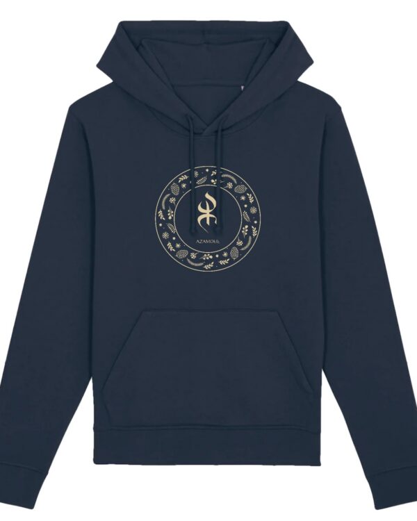 sweat_capuche_YAZ_symbole_peuple_libre_amazigh_berbere_bleu sweat à capuche avec le symbole berbère amazigh YAZ , symbole du peuple libre amazigh, par azamoul mode et accessoires berbères de couleur bleu