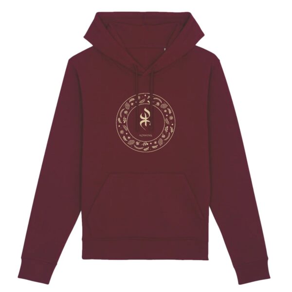 sweat_capuche_YAZ_symbole_peuple_libre_amazigh_berbere_bordeaux sweat à capuche avec le symbole berbère amazigh YAZ , symbole du peuple libre amazigh, par azamoul mode et accessoires berbères de couleur bordeaux