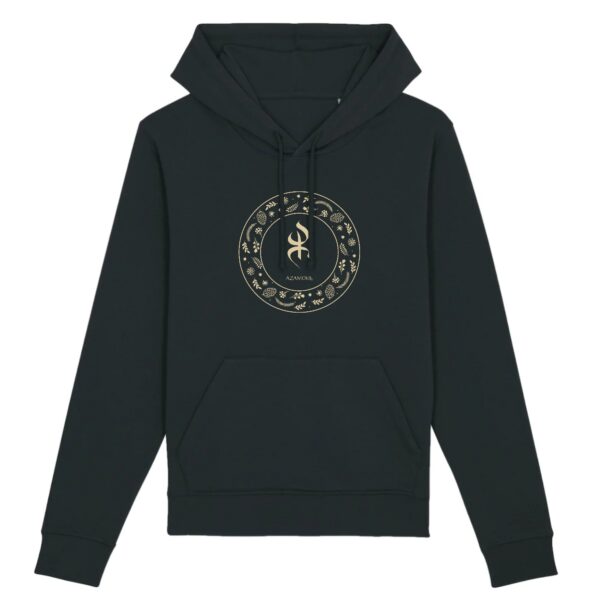 sweat_capuche_YAZ_symbole_peuple_libre_amazigh_berbere_noir sweat à capuche avec le symbole berbère amazigh YAZ , symbole du peuple libre amazigh, par azamoul mode et accessoires berbères de couleur noir