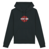 Femme qui porte un sweat à capuche thilelli liberte 100% coton bio, écrit en langue tifinagh, la langue des berbères amazigh par Azamoul mode et accessoires berbères,  de couleur noir