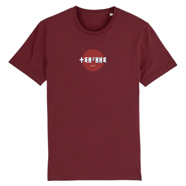 Tshirt thilelli liberté en langue tifinagh dans un rond rouge, symbole de liberté par azamoul mode et accessoires berbères couleur Bordeaux
