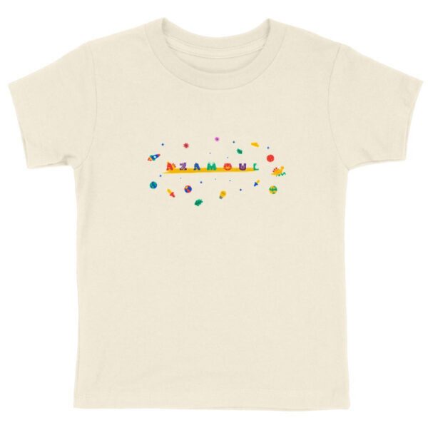 tshirt pour enfant écrit AZAMOUL entouré de motifs d'univers enfant de plusieurs couleurs par azamoul mode et accessoires berbères amazigh couleur naturel
