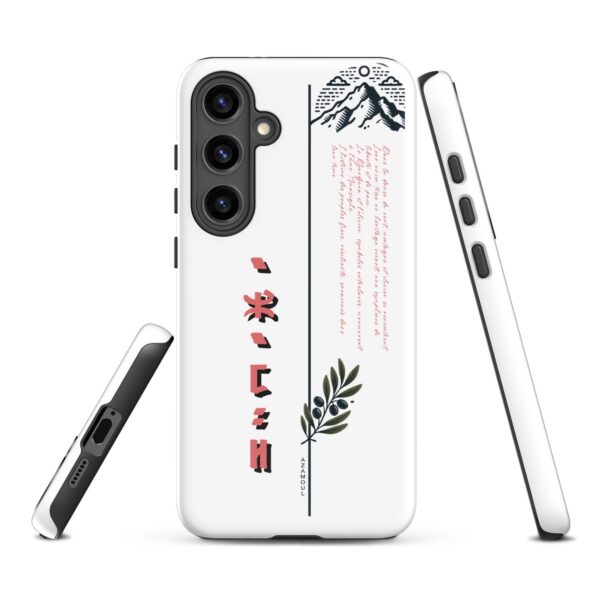 coque pour samsung izumal solide mettant en valeur des symboles de l'identité Amazigh à travers l'alphabet tifinagh et une branche de l'olivier symbole de durabilité et solidité et la montagne djurdjura de la kabylie en algérie