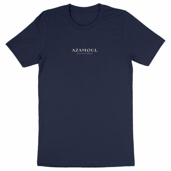 T-shirt Portez Votre Identité pour Homme et écrit azamoul qui signifie symbole ne langue berbère amazigh, par azamoul mode et accessoires berbères couleur bleu marine