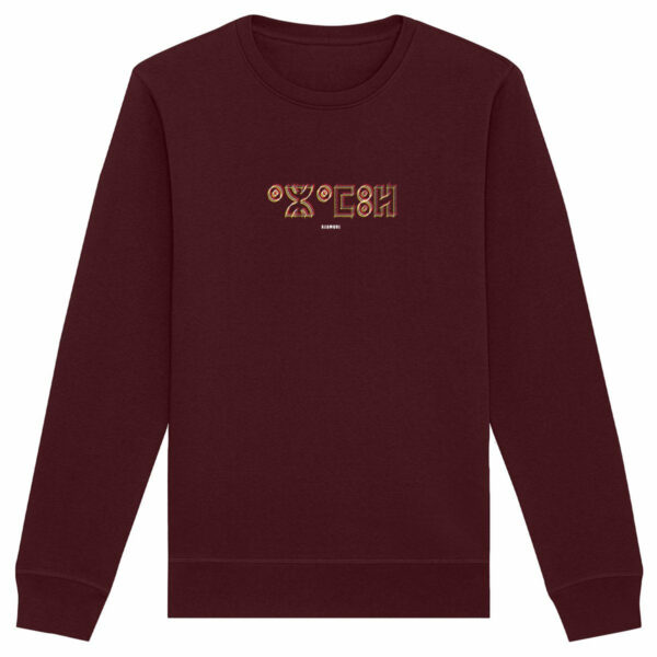 pull Azamul Tifinagh pour homme est en 100% coton biologique premium . Son design unique, avec le mot AZAMUL écrit en tifinagh, met en valeur la culture berbère amazigh par azamoul mode et accessoires berbères couleur bordeaux