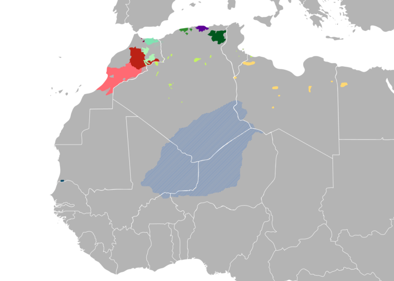 Carte de l'Afrique du Nord et du Sahara montrant en couleur les zones où l'on parle les langues amazighes (berbères)